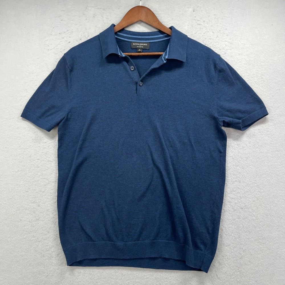 Banana Republic Polo Shirt Mens Medium Blue Eco Sweater Knit Short Sleeve Preppy